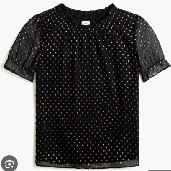 J. Crew Black and Gold Ruffleneck Top with Foil Clip Dot Size M - Picture 2 of 13